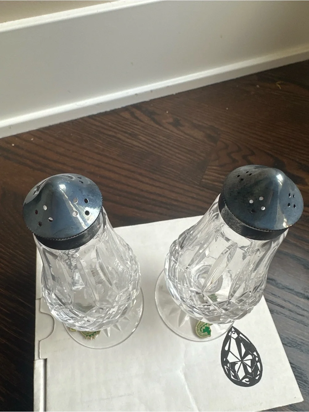 Vintage Waterford crystal Lismore Salt and Pepper Shakers with Silver Tops